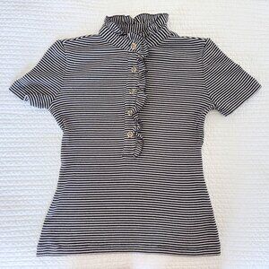 Tory Burch Navy White Stripe Ruffle Polo Top Gold Logo Buttons XS